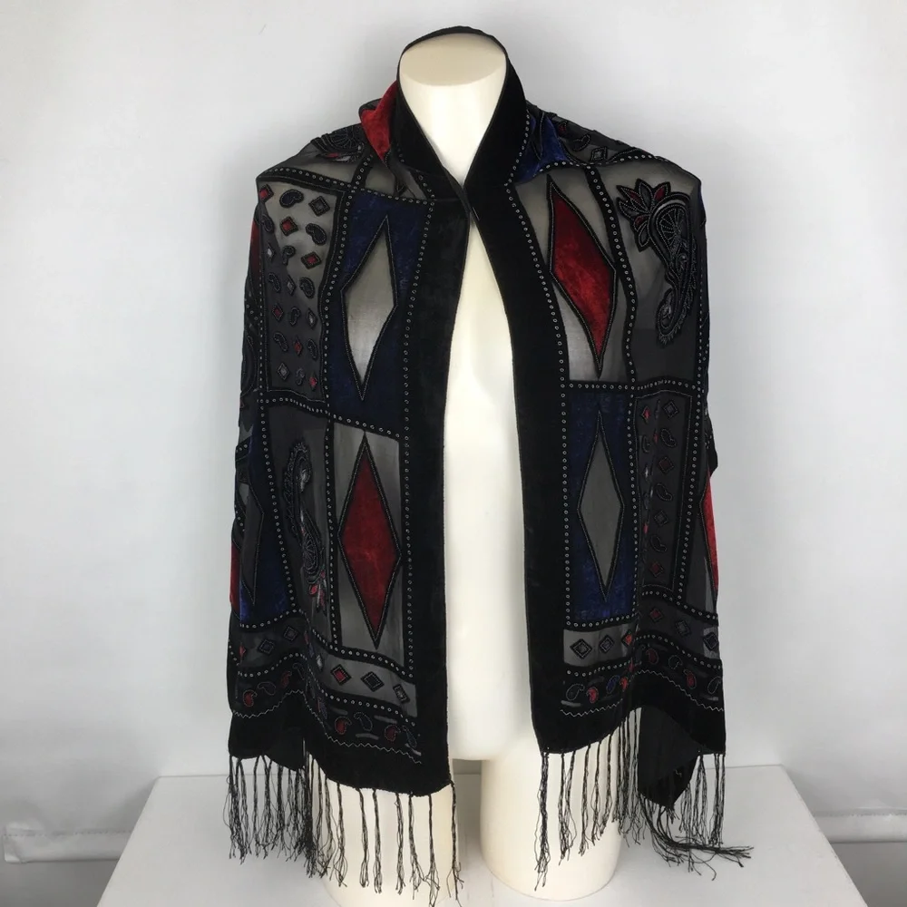 Black Velvet Burnout Paisley Silk-Blend Shawl Scarf Wrap Red & Blue Diamonds